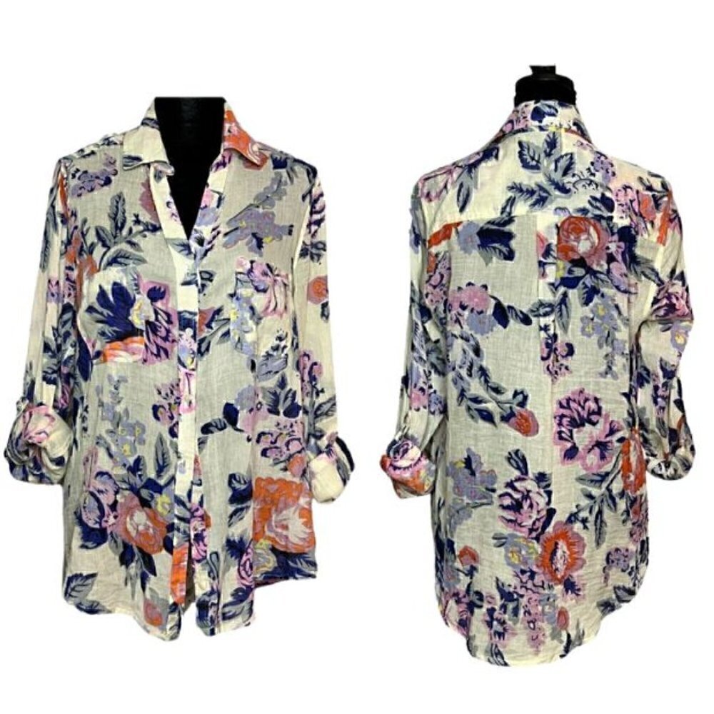 RAGA Floral Print Lightweight Button Up Collard Blouse (Womens M)